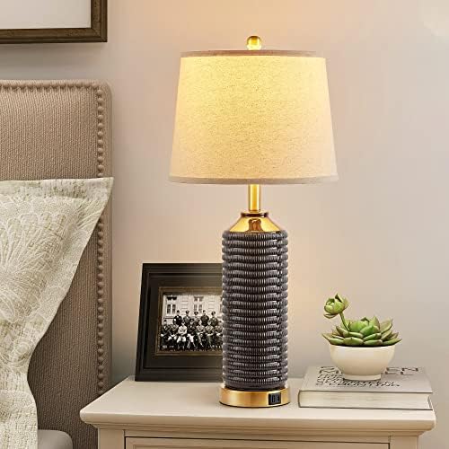 Lâmpadas de mesa da fazenda para quartos Conjunto de 2, lâmpada de mesa de cerâmica rústica com acabamento marrom, lâmpada de mesa de cabeceira de cabeceira retro de 3 vias com tambor de tambor