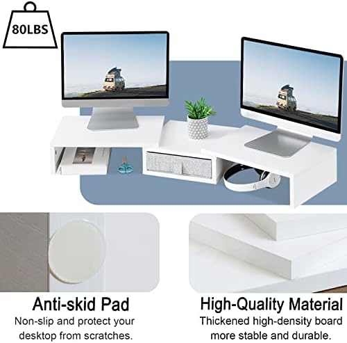 Marty Dual Monitor Stand, riser de monitor branco com comprimento da gaveta e ângulo Organizador de mesa ajustável