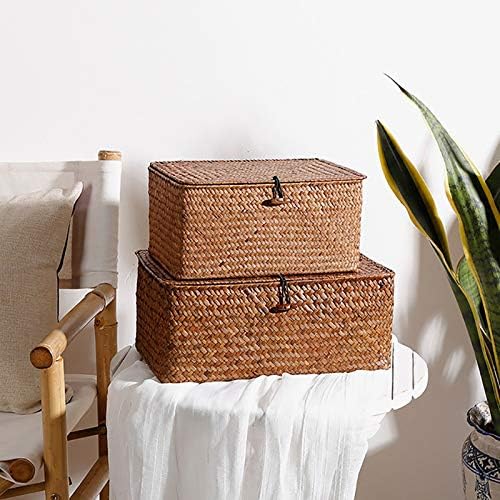 Libes de armazenamento de palha tecidos com tampa - conjunto de 4 - cesta de ervas marinhas retangulares/cesta
