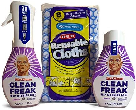 Sr. Clean Clean Freak Limpeza profunda multiuso com pacote de lavanda: 1 partida + 1 recarga + 8 panos reutilizáveis ​​HEB