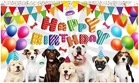 Cenário de aniversário de cachorro, material de festa de aniversário de cachorro, cão feliz aniversario