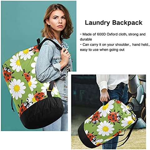 Ladybirds Flowers Laundry Bolsa de lavanderia pesada Mochila com alças e alças de viagem Bolsa de roupa de deslocamento