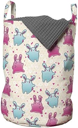 Bolsa de lavanderia de Ambesonne Kawaii, padrão com doodles Cartoon Personagens engraçados Little Hearts, cesto de cesto com alças Fechamento de cordão para lavanderia, 13 x 19, bege rosa azul pálido